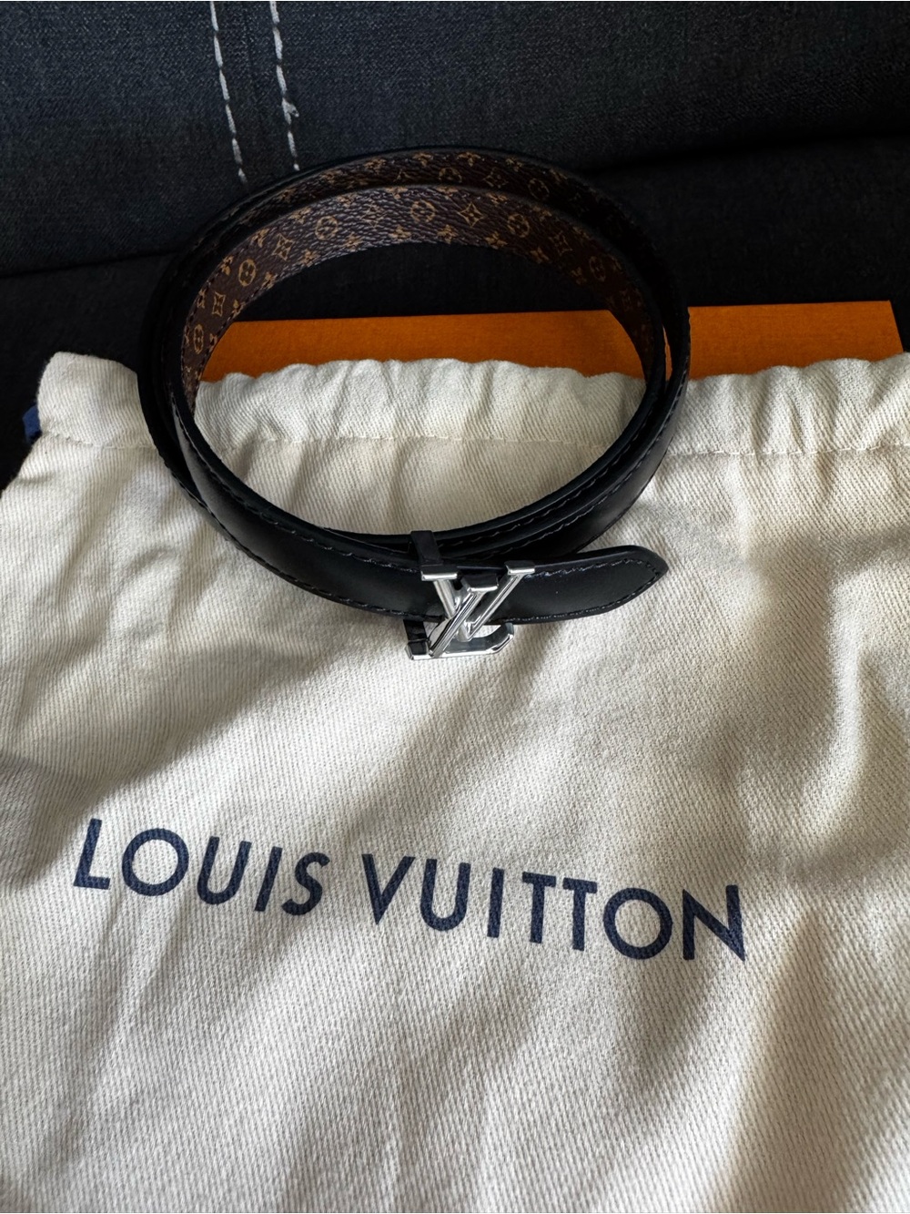 Louis Vuitton Black Leather Reversible Monogram Belt with Silver LV Buckle New